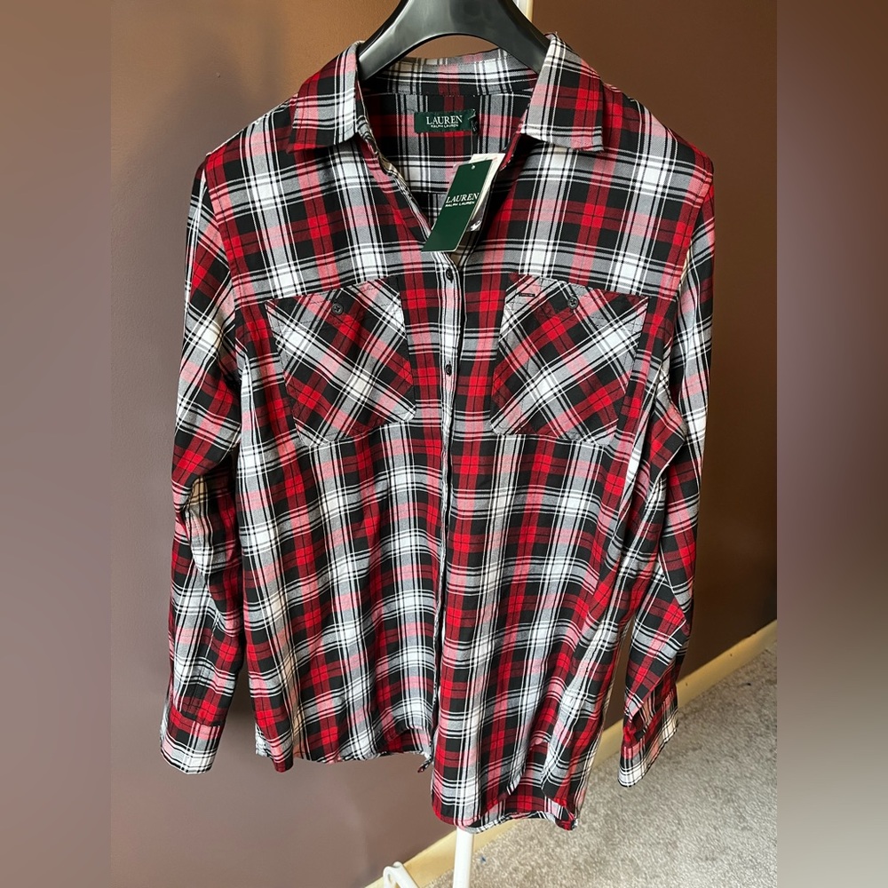 ❌sold❌New LAUREN RALPH LAUREN Shirt Roll-Tab Women's Plaid Button Front XLarge